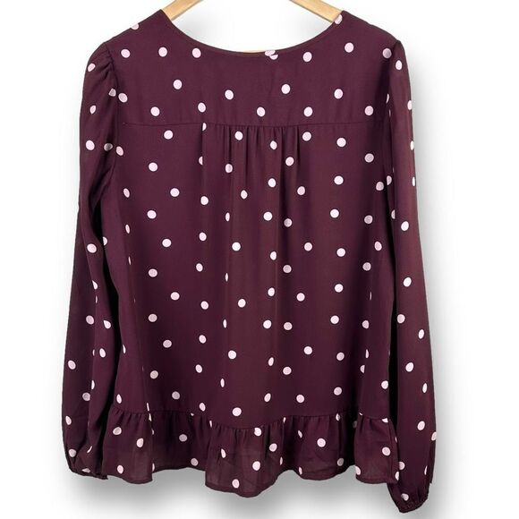 Loft Women's Size M Long Sleeve Split Neck Peplum Blouse Maroon With White Dots - Picture 2 of 11